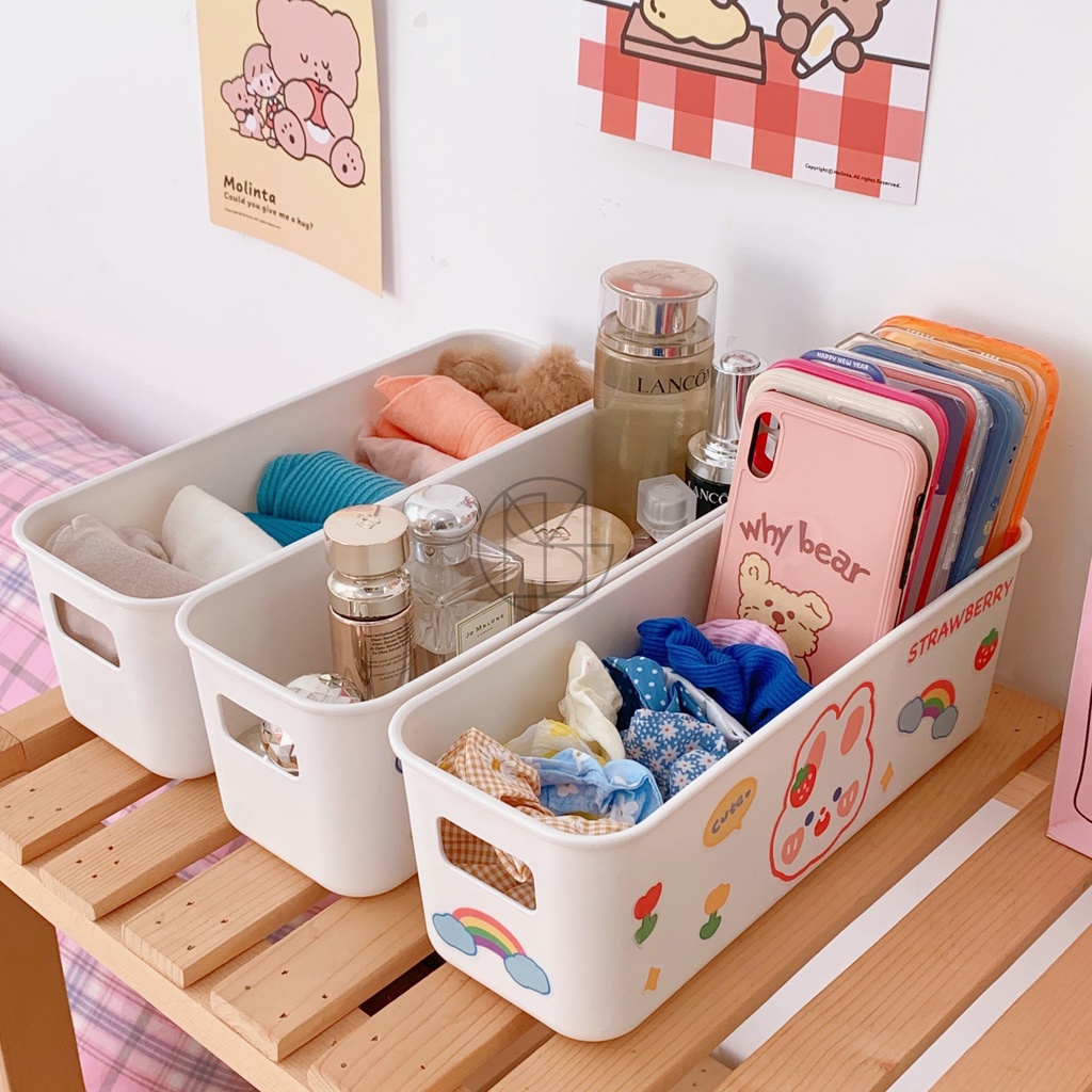 [Kèm sticker] Hộp Đựng Đồ bằng nhựa, Hộp Đựng Ốp Lưng, có tay cầm, màu trắng đẹp, phong cách Hàn Quốc, decor bàn học