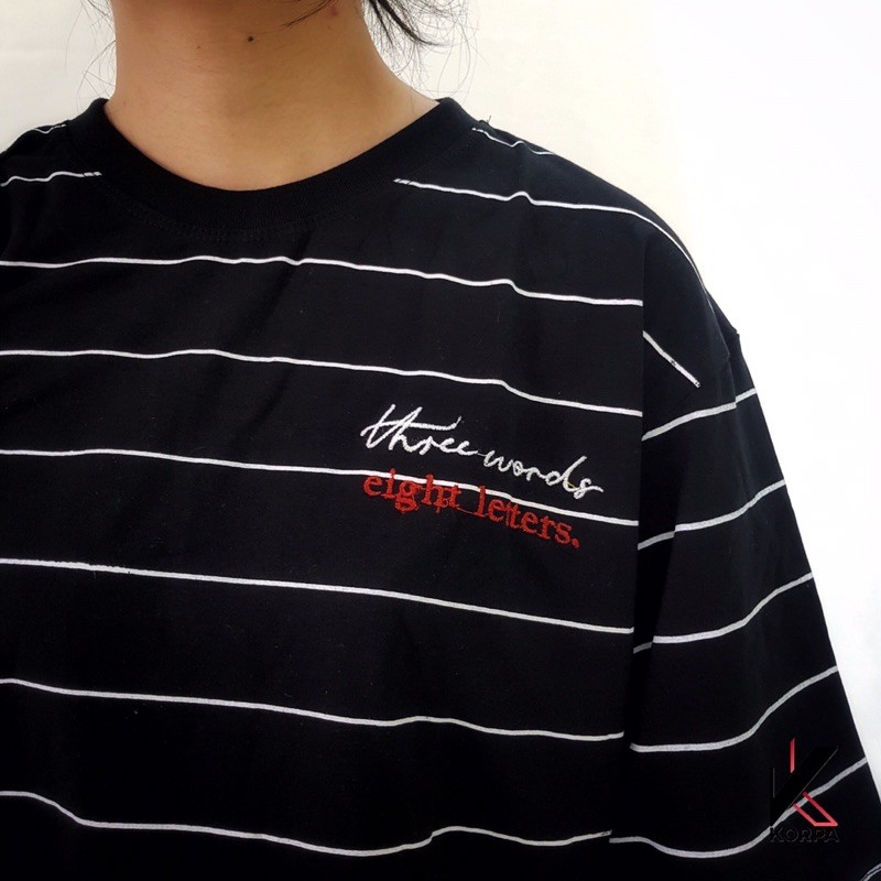 [ Ảnh Thật ] Áo thun tay lỡ form rộng sọc thêu Three words Eight Letter - Unisex nam nữ đều mặc được