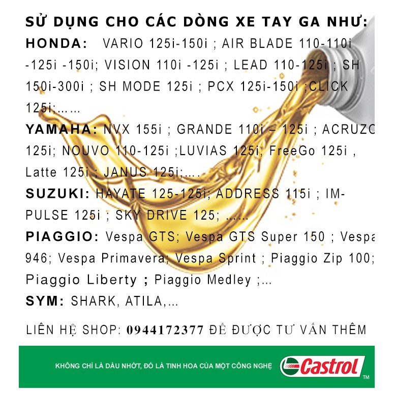 COMBO TAY GA CASTROL POWER-1 ULTIMATE 10W30 800ml( 0.8L)+ NHỚT LAP CASTROL ( TẶNG KÈM PHỄU THAY NHỚT)