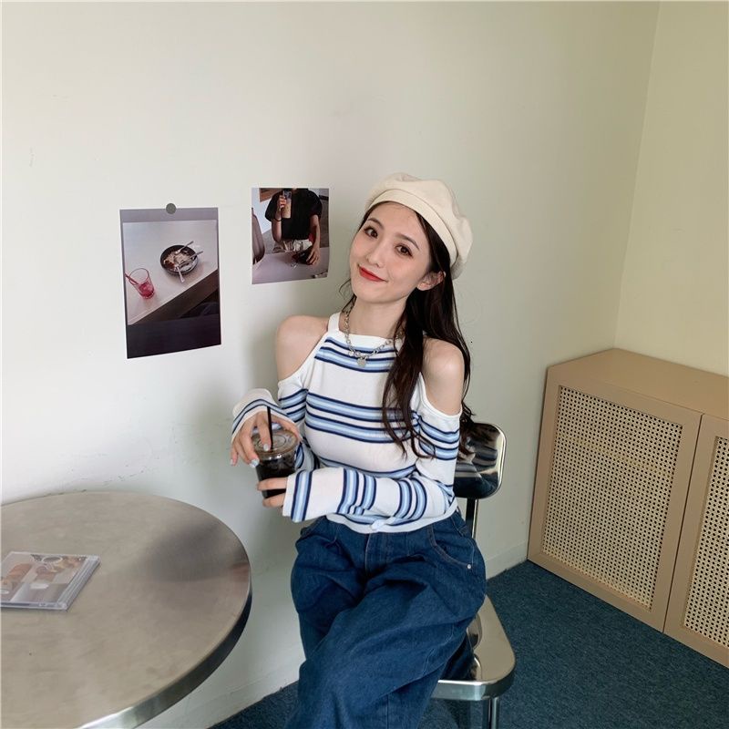 Áo dệt kim dài tay trễ vai hoạ tiết kẻ sọc thiết kế thanh lịch thời trang