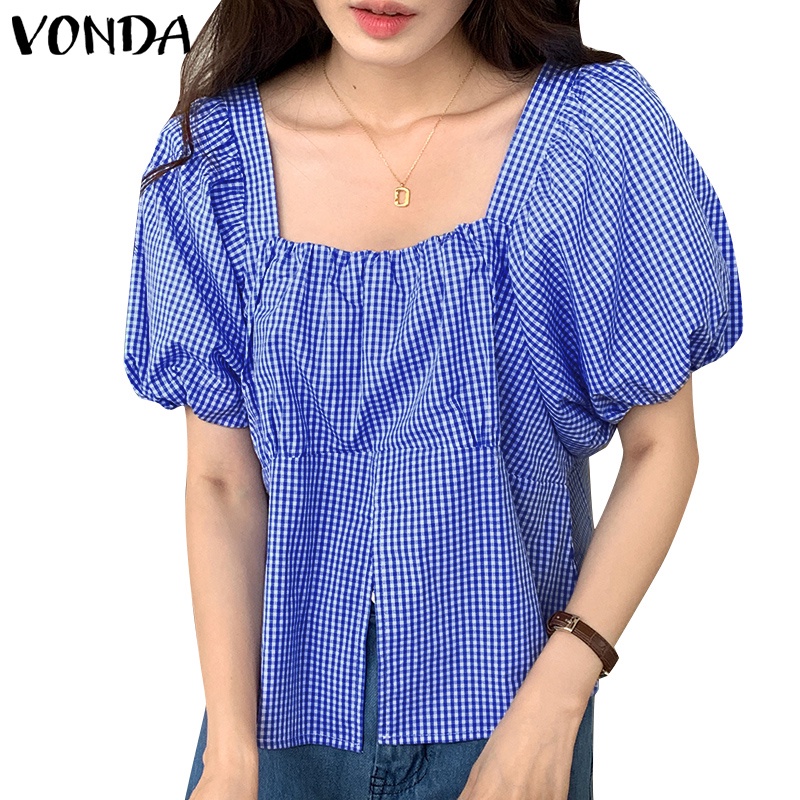 Áo kiểu VONDA cổ vuông tay ngắn họa tiết sọc caro phong cách hàn quốc thời trang mùa hè thích hợp cho nữ