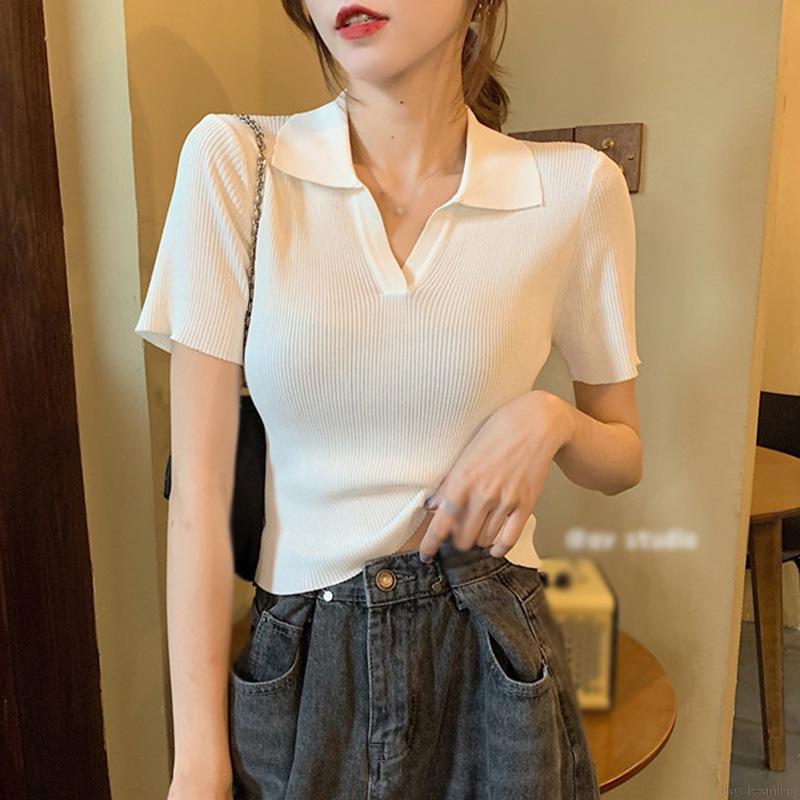 Áo Phông Áo Croptop Áo Thun Dệt Kim Tay Ngắn Cổ Chữ V Màu Trơn Thanh Lịch