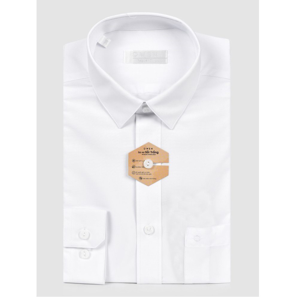 Áo Sơ Mi Trắng Nam Tay Dài Owen Dáng Slim/Regular Fit Không Túi Ngực Màu Trắng Trơn Vải Sợi Sồi