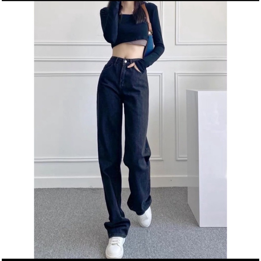 Quần jean ống rộng nữ cạp cao - Quần bò dáng suông chất jean dày mềm, không dãn