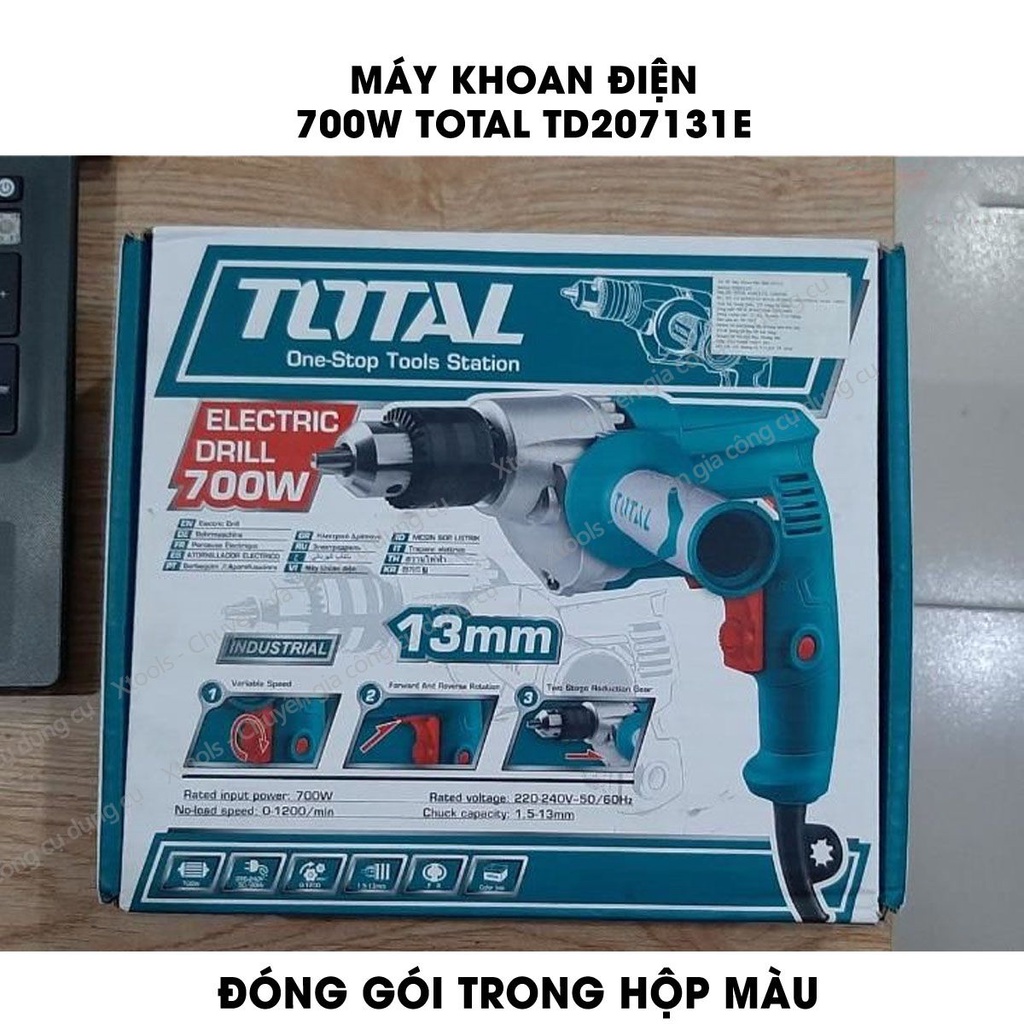 Máy khoan cầm tay TOTAL TD207131E công suất 700w, tốc độ 1200rpm; đầu khoan  1.5-13mm, khả năng khoan sắt 13mm - khoan g
