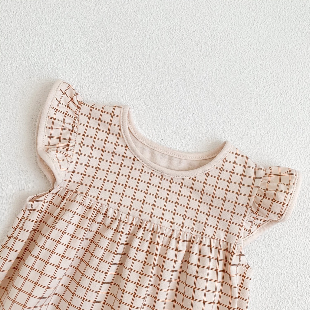 Bộ Áo Liền Quần Tay Ngắn Chất Liệu Cotton Họa Tiết Sọc Caro Thời Trang Cho Bé Gái Từ 0-2 Tuổi