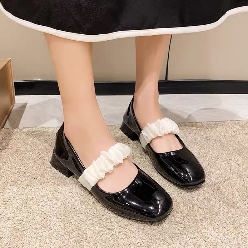(HÀNG CÓ SẴN) Giày cao gót da bóng mũi tròn quai ngang nhún bèo BIG SIZE 40-43