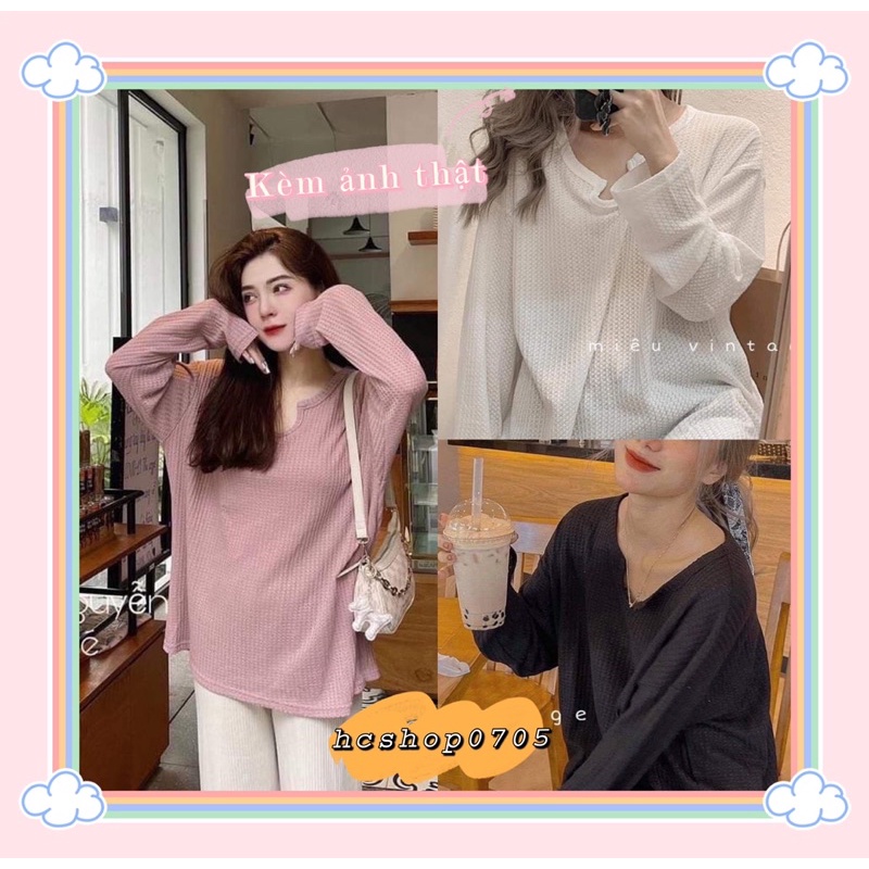 Áo len xốp, cổ giọt lệ ☘️ẢNH THẬT, MIỄN SHIP☘️ Chất Thun dài tay Form rộng phong cách Uzzlang