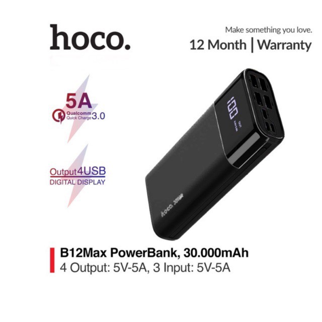 Pin dự phòng sạc nhanh 5A Hoco B12 Max dung lượng 30000 mAh tích hợp màn hình LCD