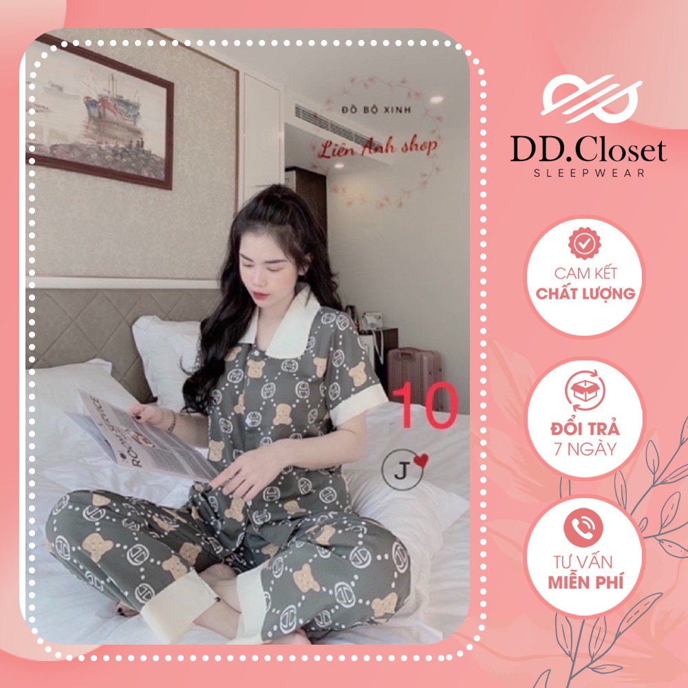 Bộ đồ ngủ pijama nữ cộc tay quần dài chất lụa Kate Thái mềm mịn màu xám viền trắng họa tiết gấu nâu sang chảnh - CD0067