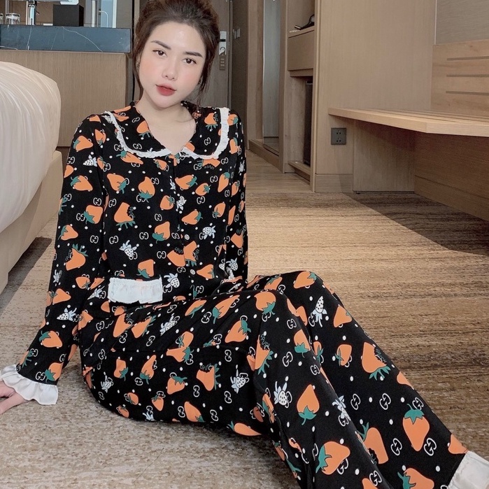Bộ pijama lụa dài tay cổ bèo, Bộ mặc nhà nữ pijama chất lụa mago mềm mịn freesize