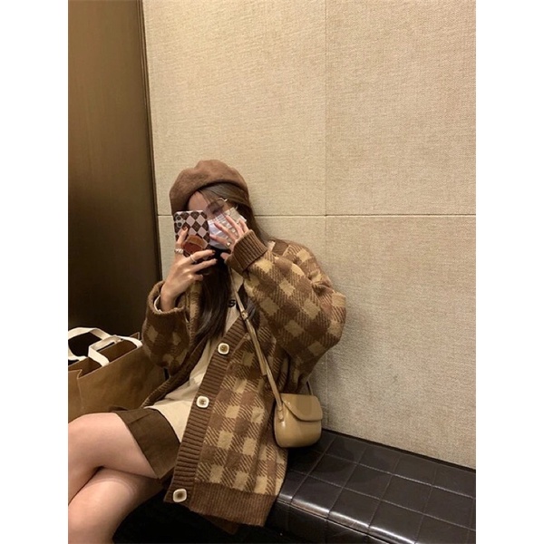Áo Khoác Cardigan | Áo Len Cardigan kẻ caro Nâu khuy áo Hot trend phong cách ulzzang hàn Quốc