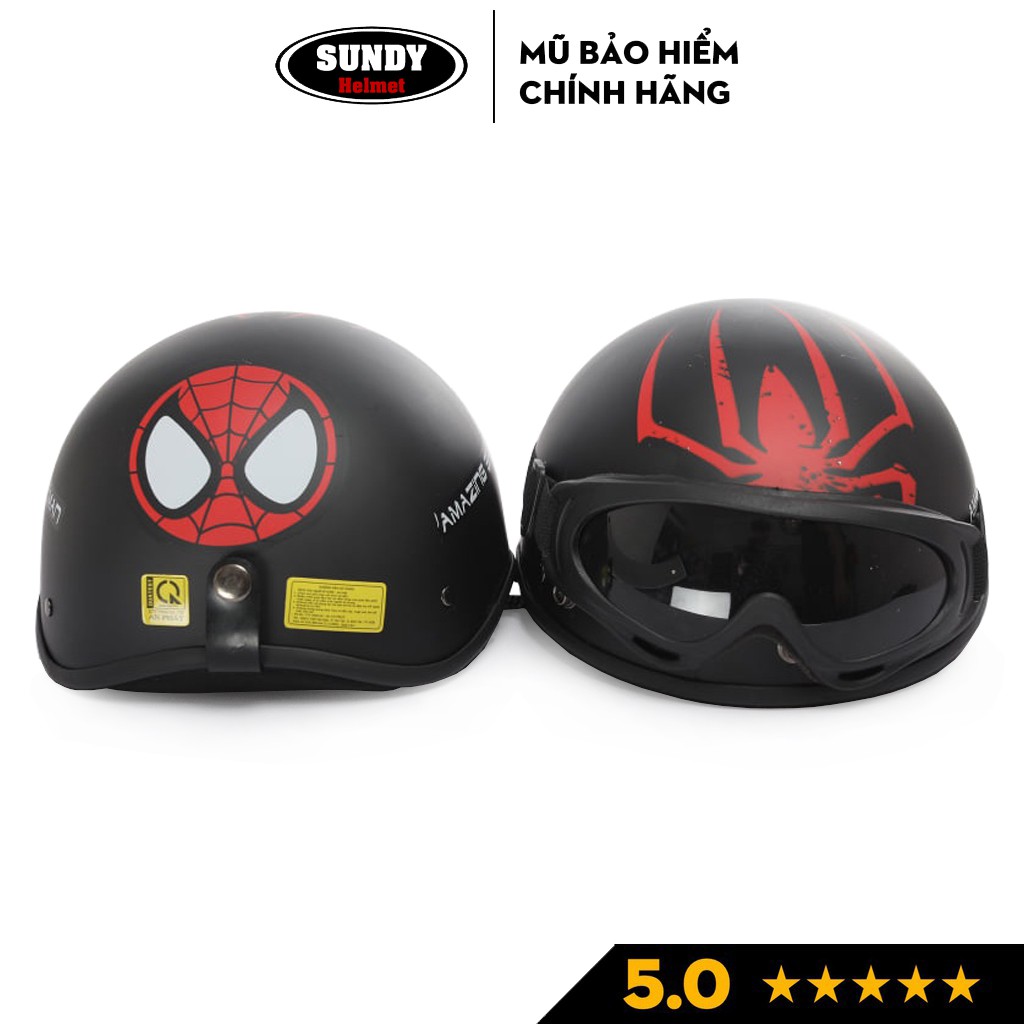 Nón bảo hiểm thời trang SUNDY an toàn, cao cấp, mũ 1/2 đầu họa tiết người nhện thân thiện, kèm kính UV freesize 55-61cm