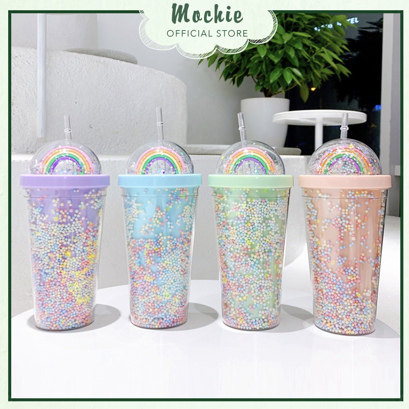 Cốc ly đựng nước cầu vồng dễ thương cầm tay 430ML có ống hút màu sắc đa dạng