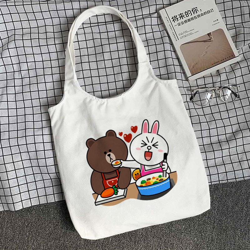 Túi vải nữ canvas Quai Tròn In Hình Cặp Đôi Gấu Brown và Thỏ Cony Dễ Thương 1
