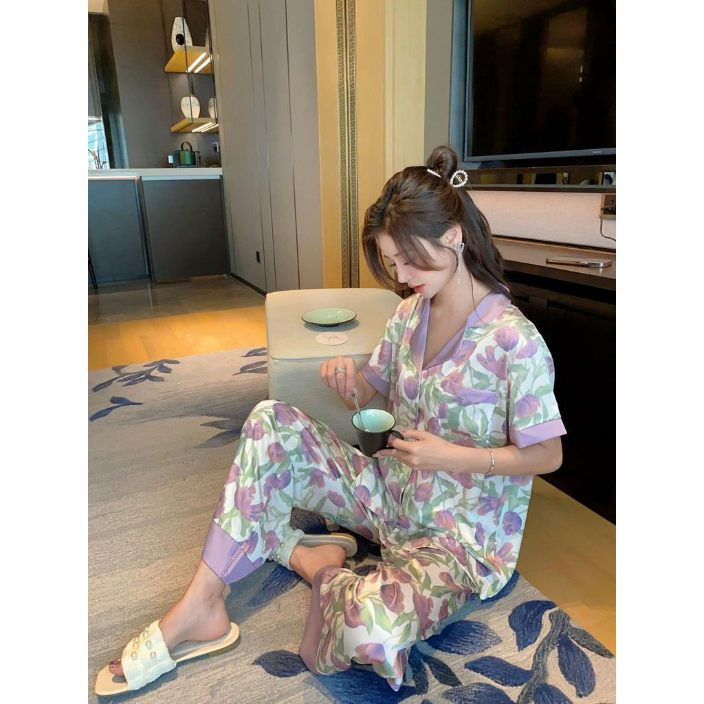 Bộ Đồ Ngủ Ngắn Tay Bằng Lụa Mát Họa Tiết Hoa Xinh Xắn Thời Trang Mùa Hè Cho Nữ