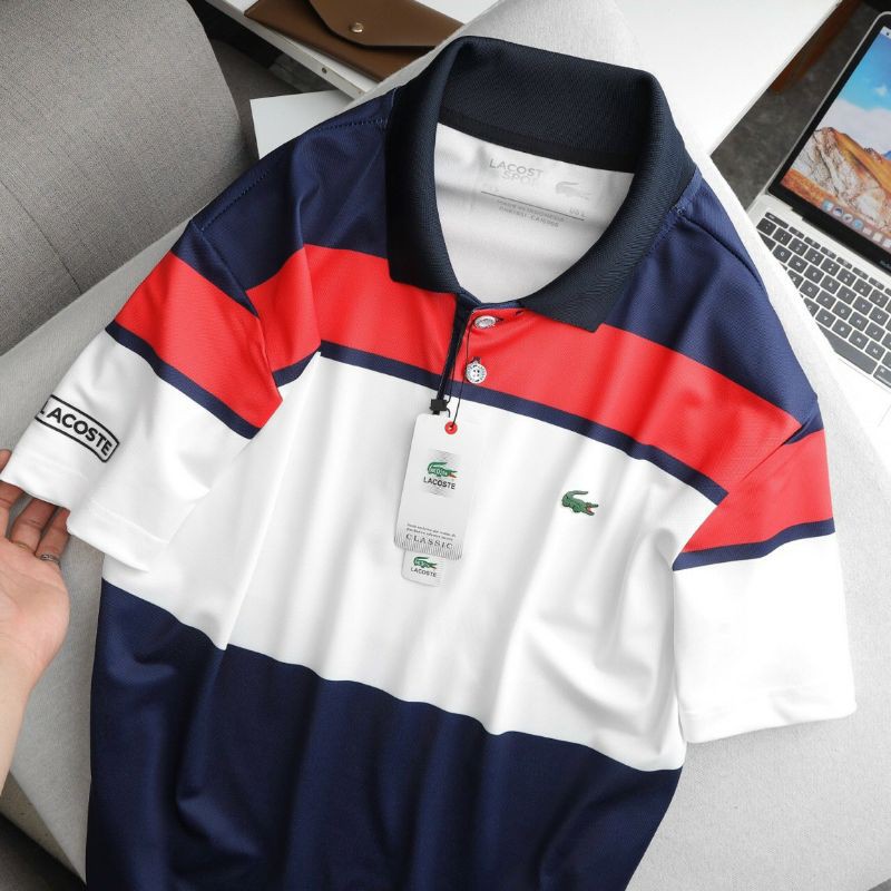 (2 màu) Áo polo tennis vải pique polyester cao cấp Lacoste Sport color block