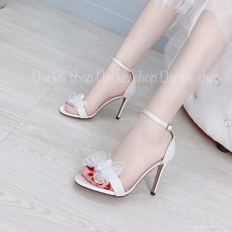 Giày sandal gót nhọn đính nơ voan GIN