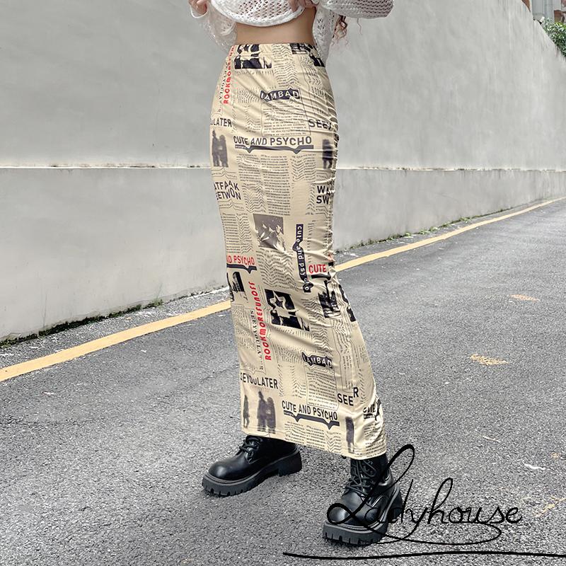 Chân Váy Dài Tới Mắt Cá Chân Eo Cao Co Giãn In Họa Tiết Tờ Báo Thời Trang Đường Phố Cho Nữ