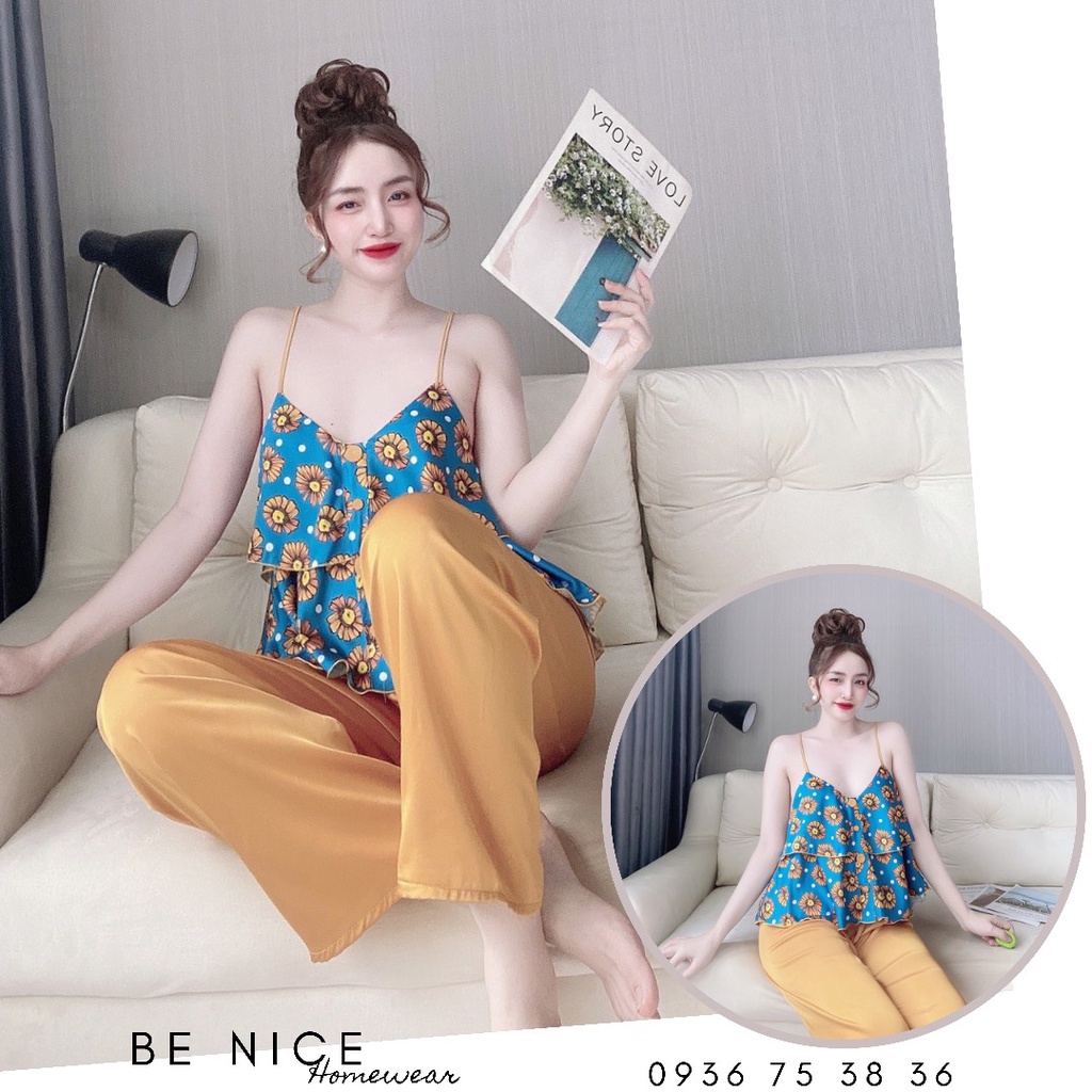 Set lụa dây dài phối màu và họa tiết xinh xắn cho nàng nhà Be Nice Homewear