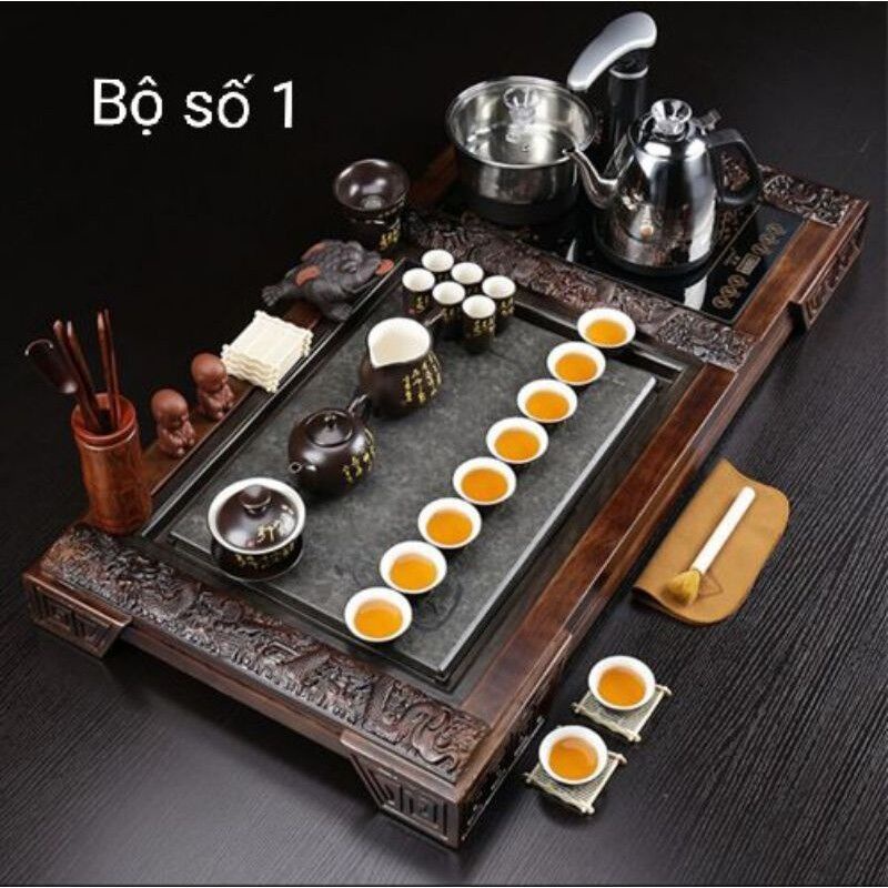 Bộ khay pha trà đạo ban trà bằng gỗ thật mặt đá có ấm nước đun tự động kèm Theo bộ ấm chén pha trà công phu