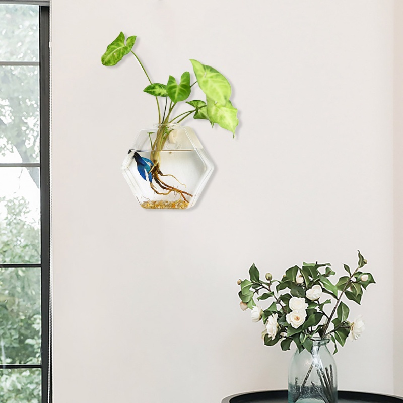 Bình Hoa Thủy Tinh Trong Suốt Hình Lục Giác Treo Tường Trang Trí Nội Thất DIY