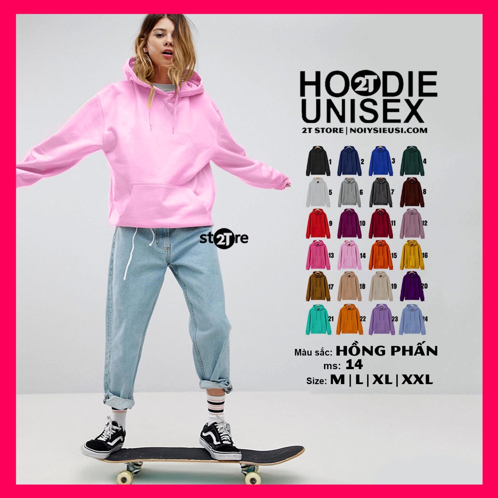 Áo hoodie unisex 2T Store H14 màu hồng phấn - Áo khoác nỉ chui đầu nón 2 lớp dày dặn đẹp chất lượng | BigBuy360 - bigbuy360.vn