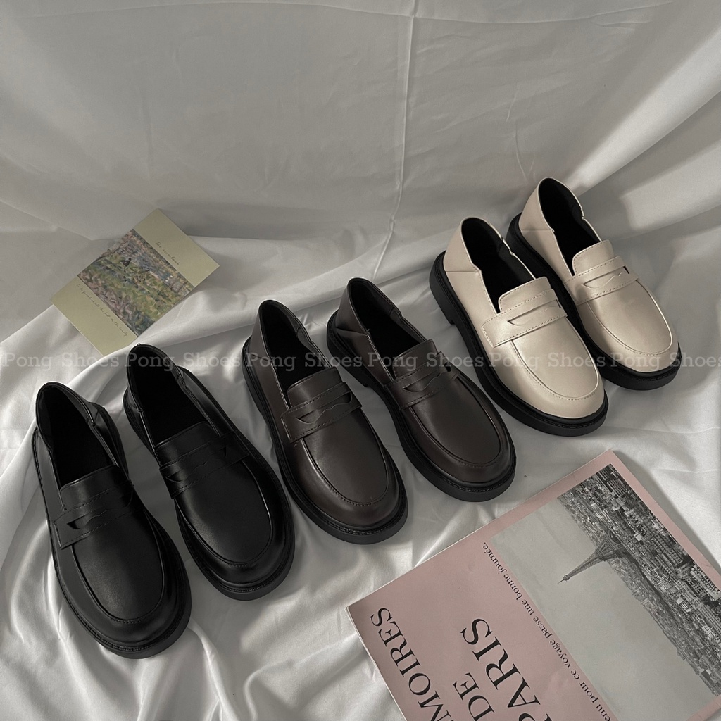 Giày Loafer Pong Shoes phong cách Ulzzangs màu đen, be, nâu FULL HỘP 1304