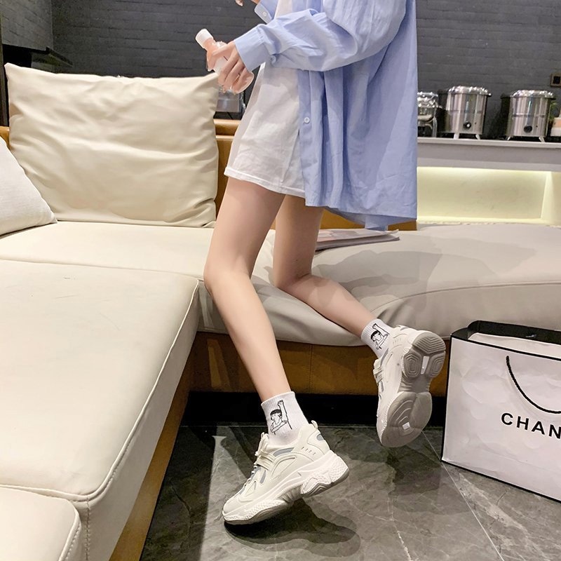 Giày trắng IELGY cột dây tăng chiều cao cho nữ chạy bộ thể thao thời trang thường ngày