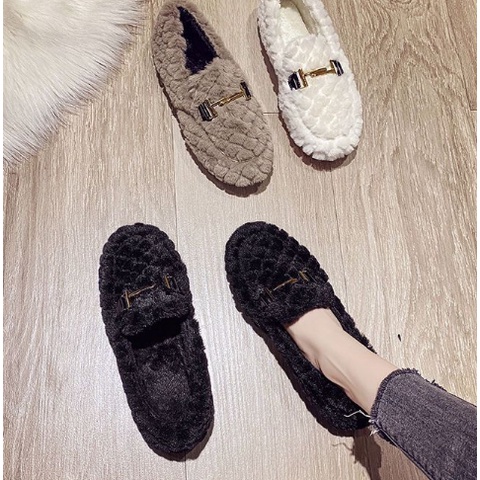 Giày Bông Nữ Mang Mùa Đông Ấm Chân Chống Trơn Trượt - Giày Búp Bê Lông Dễ Thương