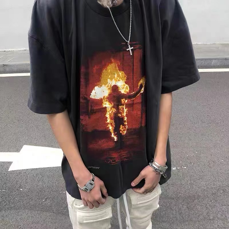 Rammstein German chariot metal band retro flame old short-sleeved VTG high street loose casual T-shirt