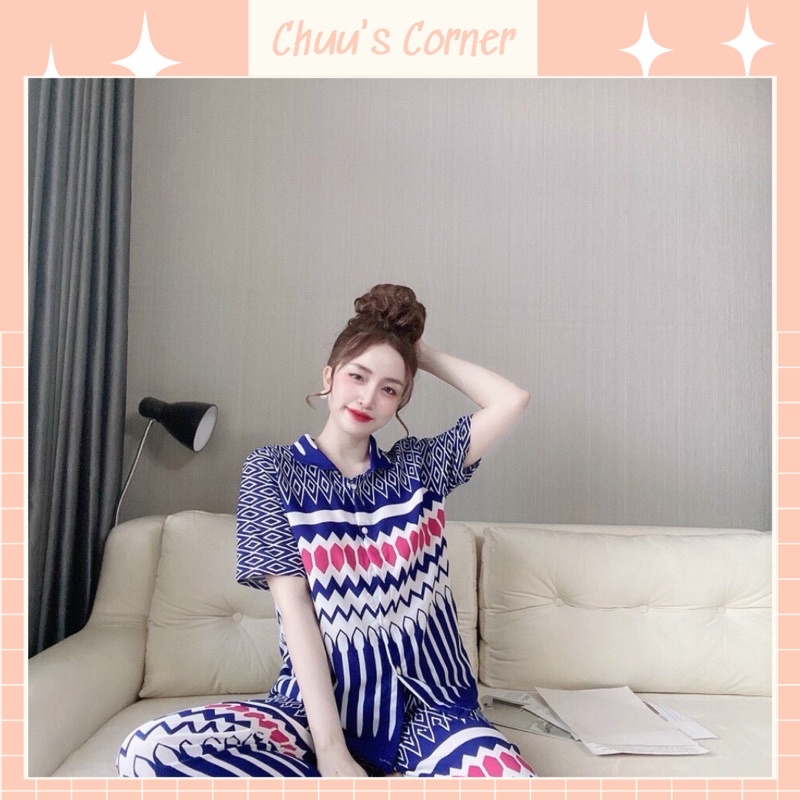 Đồ bộ ngủ nữ mặc nhà pijama vải lụa hàn mát mịn tay ngắn quần dài