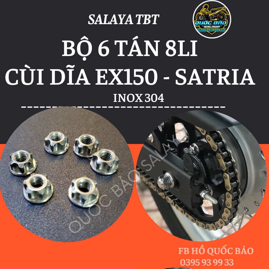 TBT - Bộ 6 tán 8li đầu hở inox 304 gắn cùi dĩa ex135, ex150, satria bảo hành trọn đời