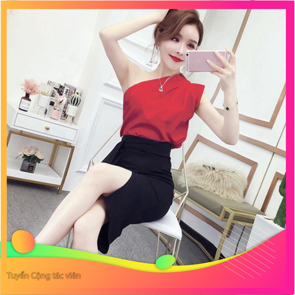 1122A15B1 Áo kiểu nữ hở vai 1 bên siêu sang chảnh, vải phi bóng mềm tuyệt đẹp Sale