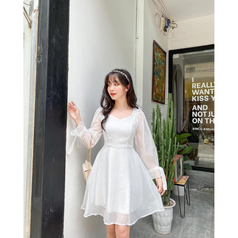 Đầm Cao Cấp,  Đầm dạo phố dáng xòe ELSA Dress cổ vuông phối nút bọc tay nơ [BAO ĐẸP, BAO XINH]