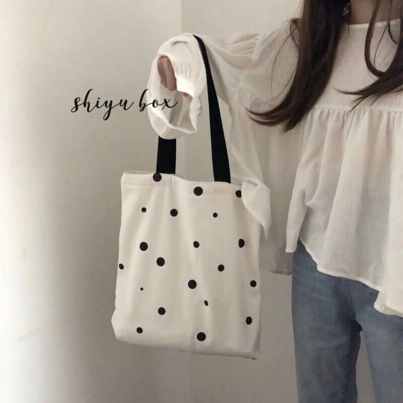 Túi Xách Tay Bằng Vải canvas Hoa Văn Chấm Bi Dễ Thương Dễ Phối Đồ Dành Cho Nữ