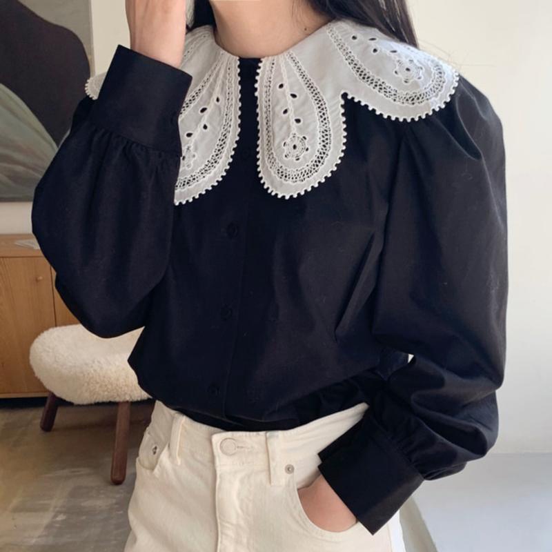 Áo sơ mi IELGY dài tay có cổ không đối xứng theo phong cách retro cá tính Hàn Quốc cho nữ