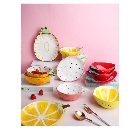 Tô Sứ Bộ Bát Đĩa Sứ Sâu Lòng Hoạ Tiết Trái Cây 3D Phong Cách Bắc Âu Chén Dĩa Decor Ăn Cơm