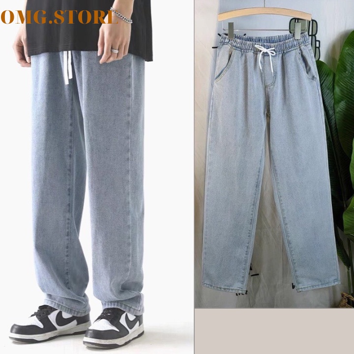 Quần jean nam xanh cạp chun, quần baggy phom rộng dáng đứng suông phong cách Hàn Quốc