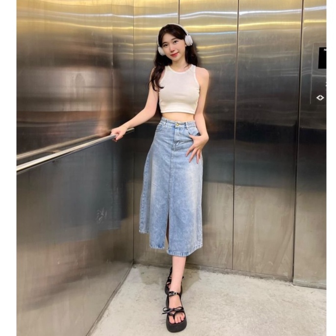 Chân Váy Bò Dáng Dài Cạp Cao Phong Cách Hàn Quốc - Chân Váy Jean Chữ A Xẻ Tà Sau Cá Tính