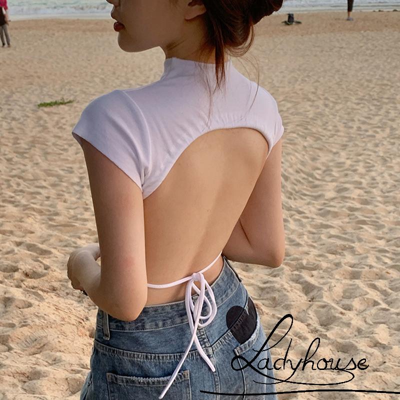 Áo Thun Crop Top Tay Ngắn Cổ Rùa Hở Lưng Màu Sắc Trơn Dành Cho Nữ