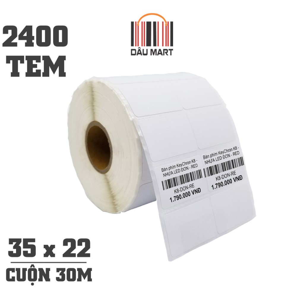 Cuộn 2400 tem decal nhiệt 35x22mm dài 30m dùng in tem sản phẩm mã vạch Minicode dán lên hàng hóa