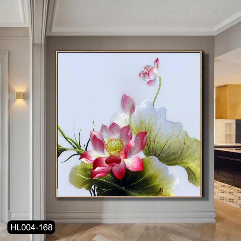 tranh tráng gương hoa sen 80x80cm sẵn treo cổ kính tuyệt đẹp