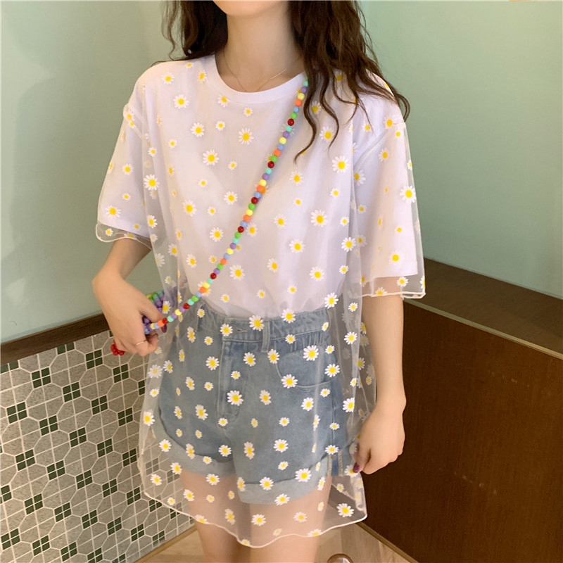 SUXI Áo Thun Tay Ngắn Dáng Rộng Phối Lưới Họa Tiết Hoa Cúc Xinh Xắn Thời Trang Mùa Hè Cho Nữ