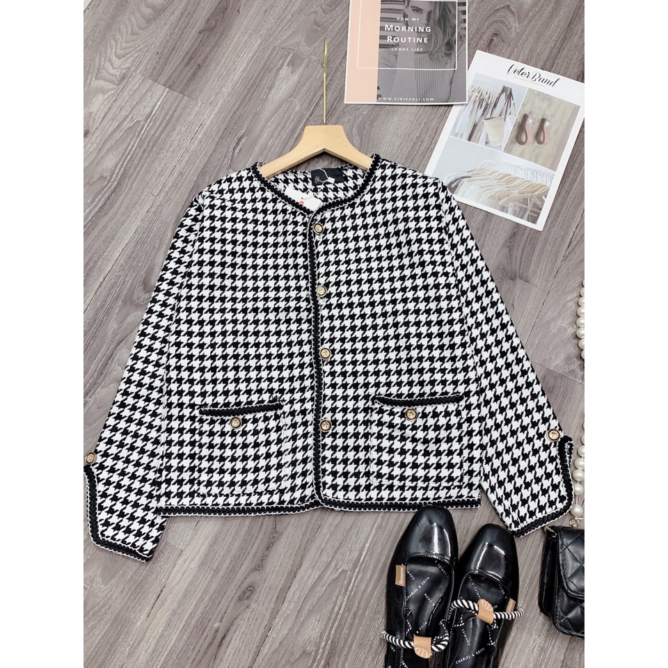 Áo khoác dạ kẻ viền mí dài tay áo dạ nữ tweed công sở | BigBuy360 - bigbuy360.vn