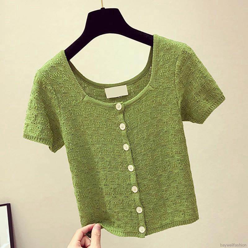 [Baywellfashion]Áo dệt kim tay ngắn phối nút thiết kế đơn giản hợp thời trang | BigBuy360 - bigbuy360.vn