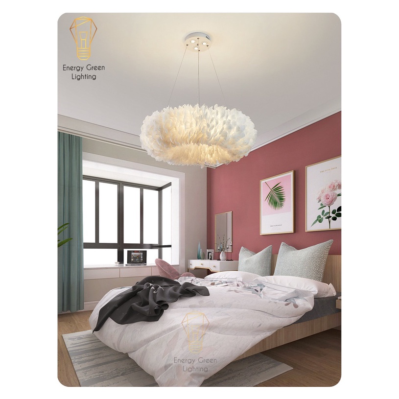 Đèn Chùm Lông Vũ Vòng Tròn Energy Green Lighting 50cm Phong Cách Bắc Âu Decor  - 3 Chế Độ Ánh Sáng - Bảo hành 12 tháng