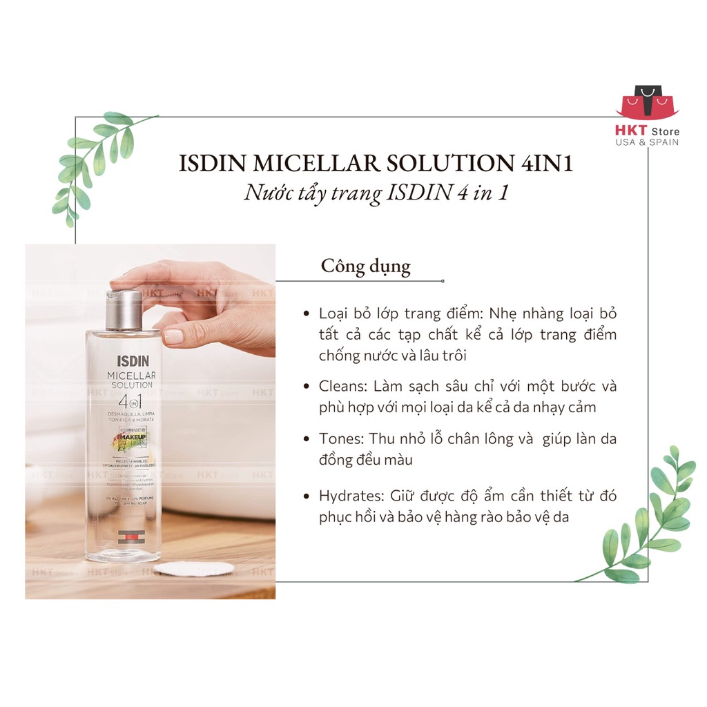 Nước tẩy trang làm sạch sâu makeup ISDIN Micellar Solution 4 in 1 cho mọi loại da Tây Ban Nha