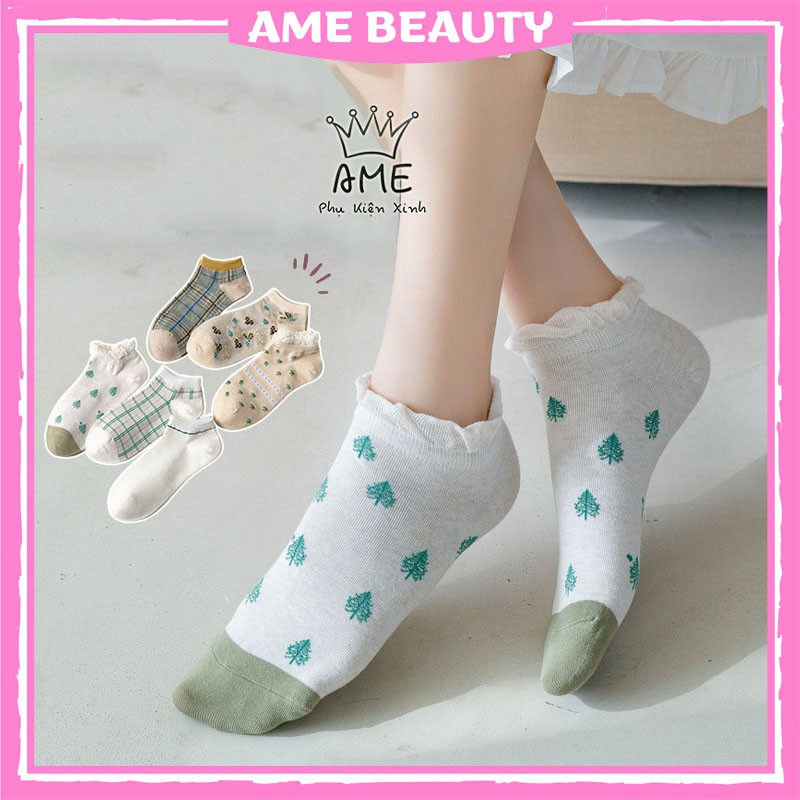 Tất nữ cổ ngắn Ame Beauty , vớ nữ họa tiết đơn giản bánh bèo vintage Hàn Quốc - ND16