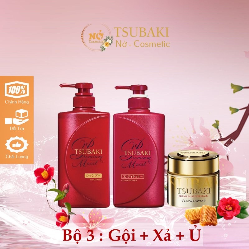 Combo 3 món gội xả Dưỡng tóc bóng mượt Premium Moist (490ml/chai) và Mặt nạ tóc phục hồi hư tổn Tsubaki (180g)